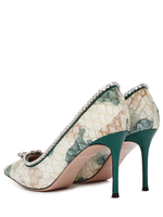 Женские туфли кожаные бело-зелёные с камнем