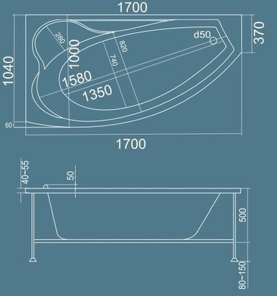 Ванна акриловая BAS Николь левая 1700х1020 с гидромассажем и каркасом