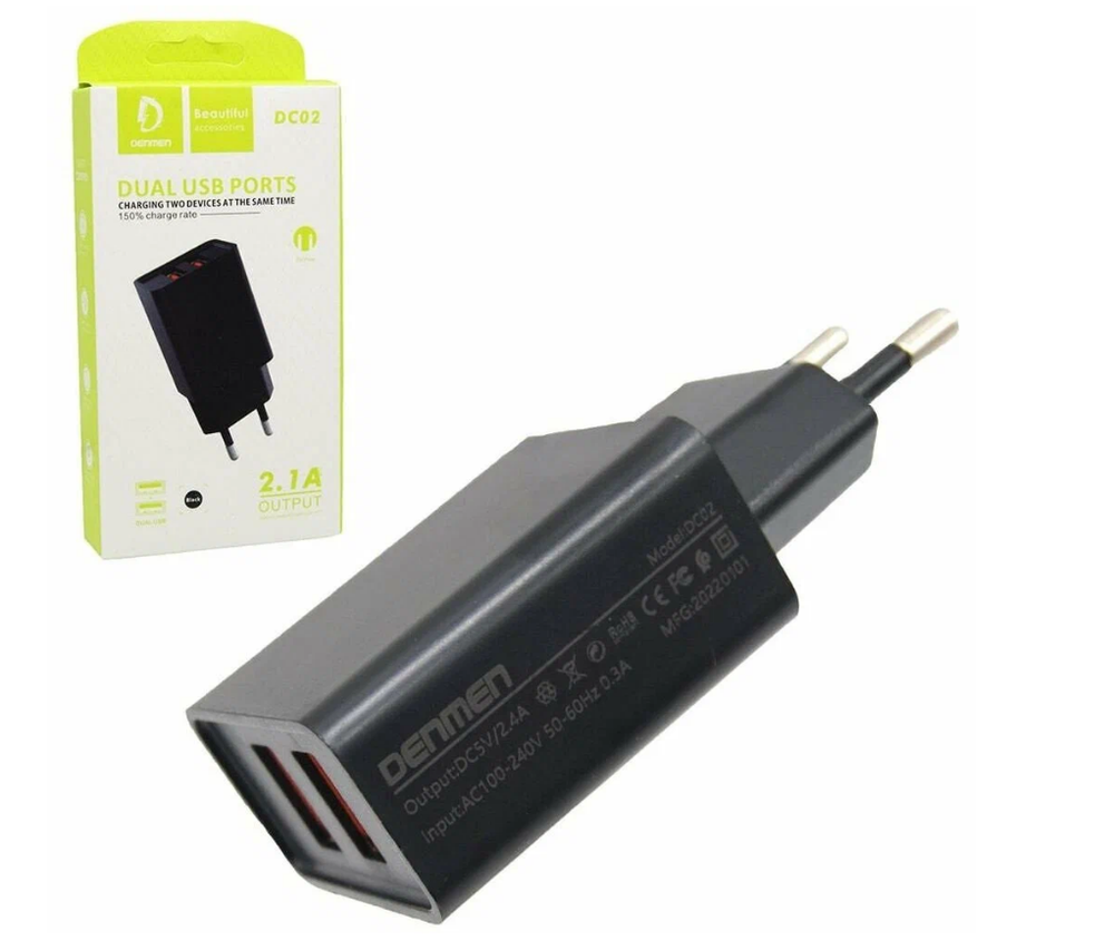 Сетевая зарядка 2-гнезда USB 5B 2.1А DENMEN DC02