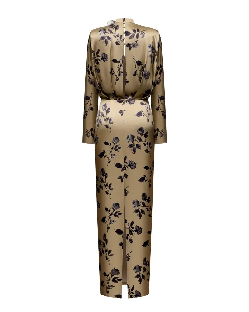 Jasmine maxi, платье макси из бежевого атласа со средним цветочным принтом