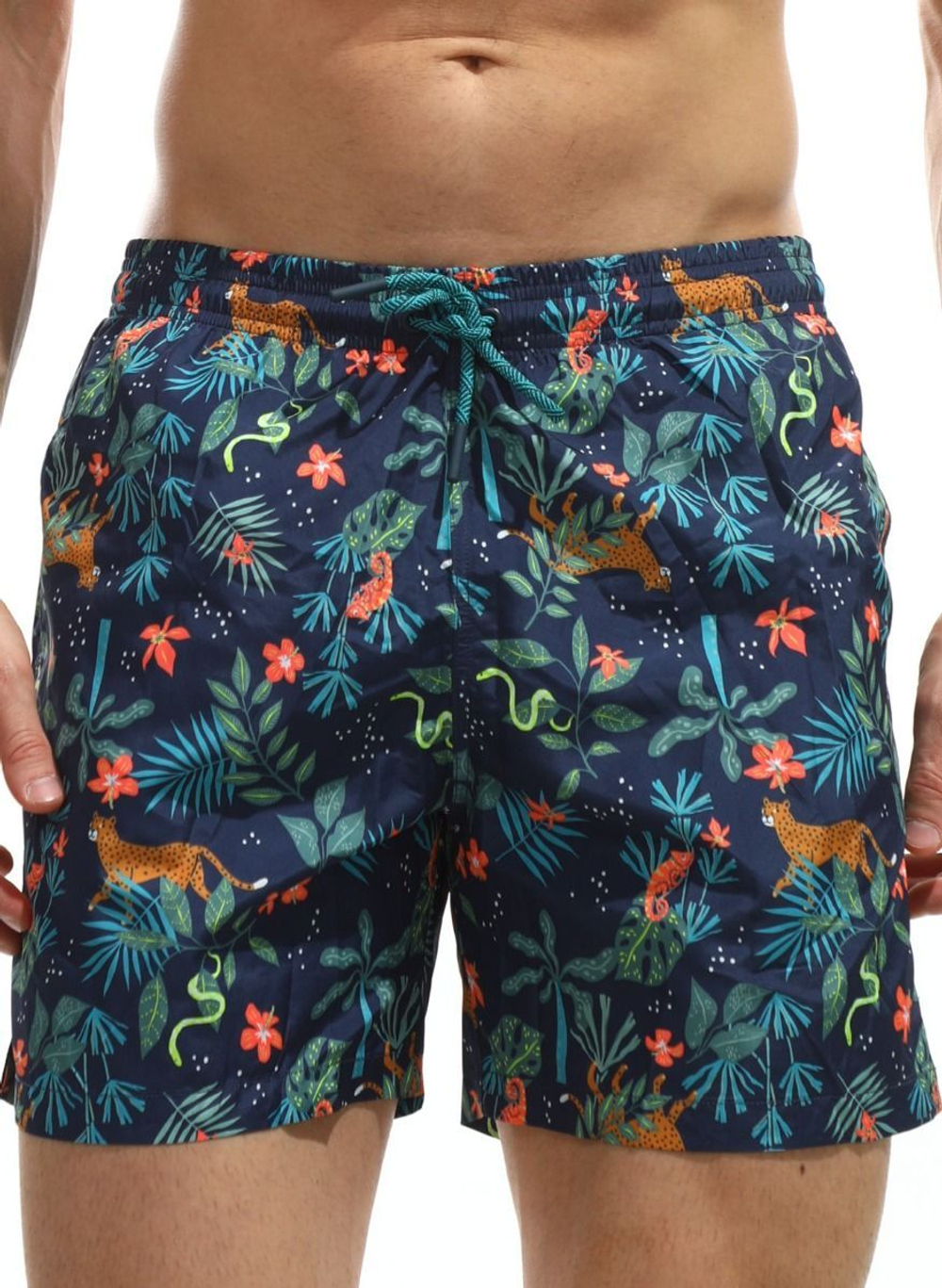 Синие пляжные шорты с принтом в виде джунглей (Размер: M) (Цвет: синий)