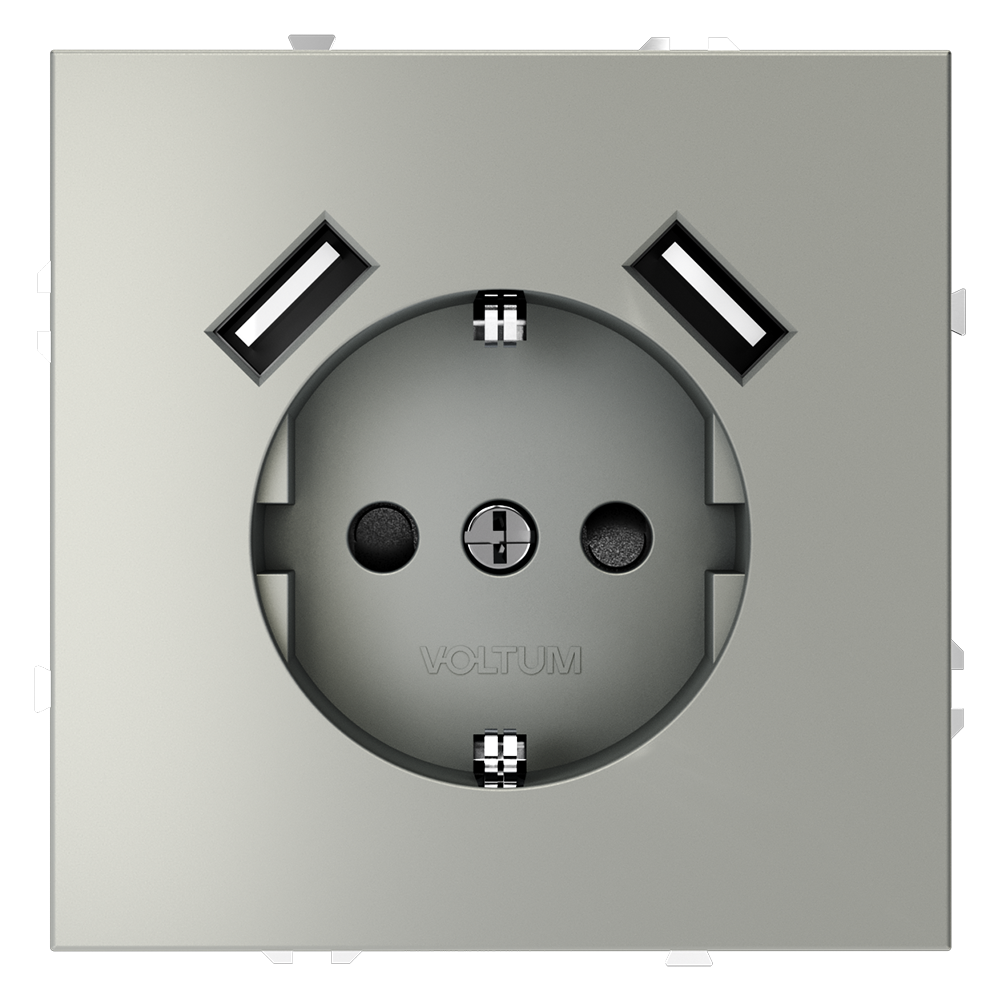 Розетка встраиваемая VOLTUM S70 с заземлением и защитными шторками, 16А, с USB, A+A, (сталь)
