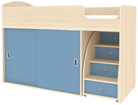 Кровать-чердак КарИВи Малыш Купе  Дуб Молочный Светло-синий, голубой