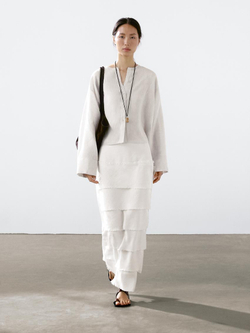 Massimo Dutti Рубашка из 100% струящегося льна с пуговицами, натуральный, кремовый