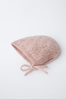 ZARA ТРИКОТАЖНЫЙ ЧЕПЧИК «ЛИСТОЧКИ», СВЕТЛО-РОЗОВЫЙ