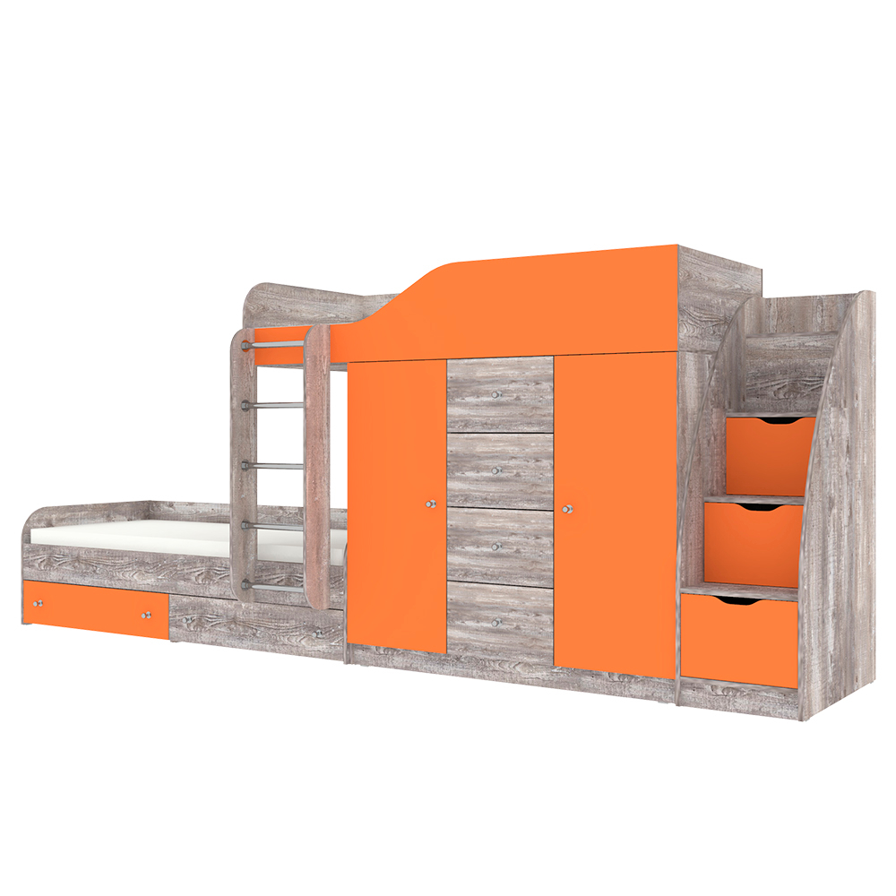 Кровать двухъярусная КарИВи Астра 6 с лестницей Комод КарИВиом Бетон Оранжевый