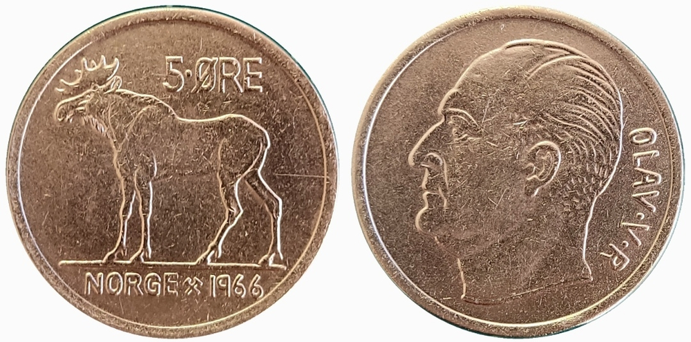 Норвегия 5 эре, 1958-1973 Король Улаф V - Лось XF