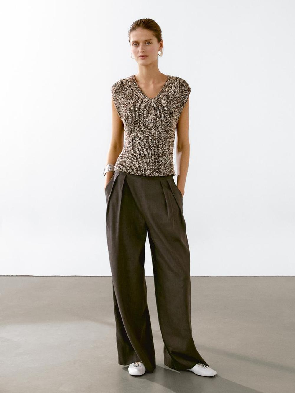 Massimo Dutti Топ из хлопка мулине с V-образным вырезом, коричневый