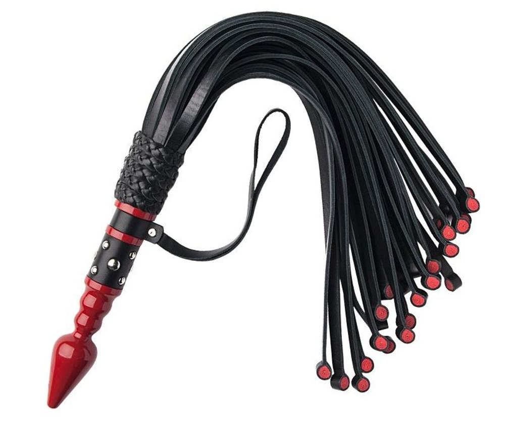 Кожаный флоггер с красной точеной ручкой - 60 см. (Цвет: черный с красным)