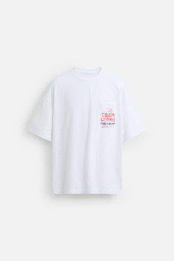 ZARA ФУТБОЛКА С ПРИНТОМ НА КАРМАНЕ, ЖЕЛТОВАТО-БЕЛЫЙ