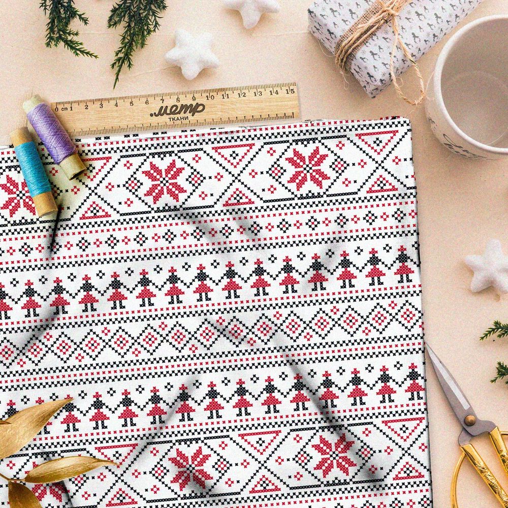 Ткань блэкаут плотная славянская вышивка полосками на полотенце