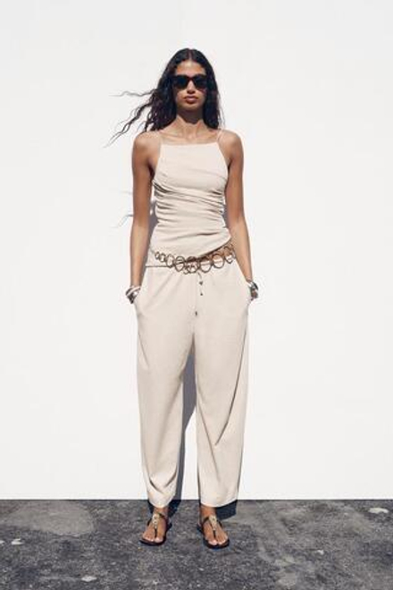 ZARA ШИРОКИЕ БРЮКИ ИЗ ПЛОТНОГО ХЛОПКА, ПЕСОЧНЫЙ