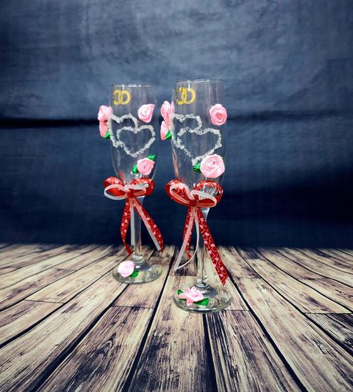 Свадебные бокалы , золото с розовым, Совет да любовь, матовые