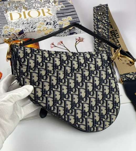 Сумка Dior Oblique жаккард синего цвета