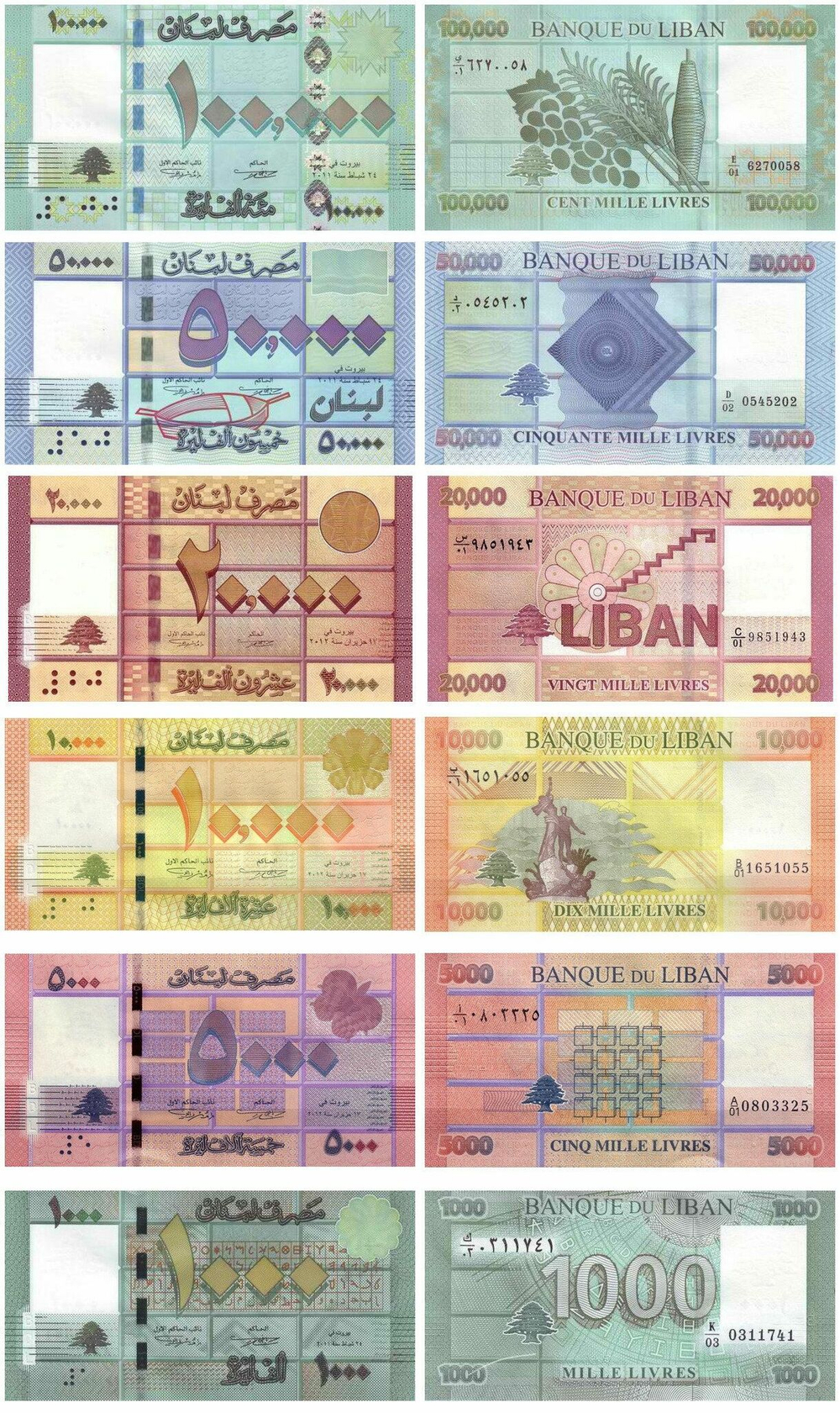 Ливан 1000 - 100000 ливров 2011 - 2023 UNC - набор 6 банкнот