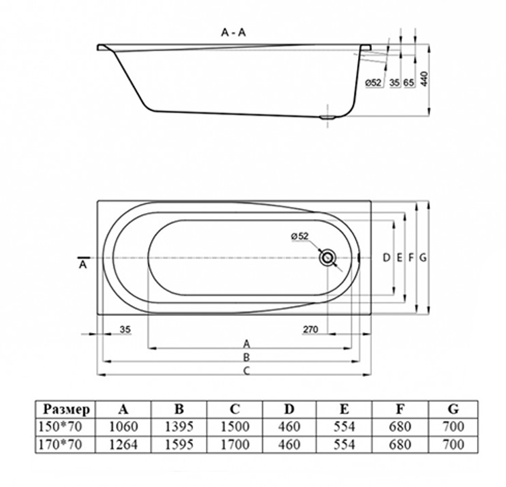 Ванна акриловая Vincea VBT-2B170-LG с ножками 1700*700*480, пристенная, цвет белый