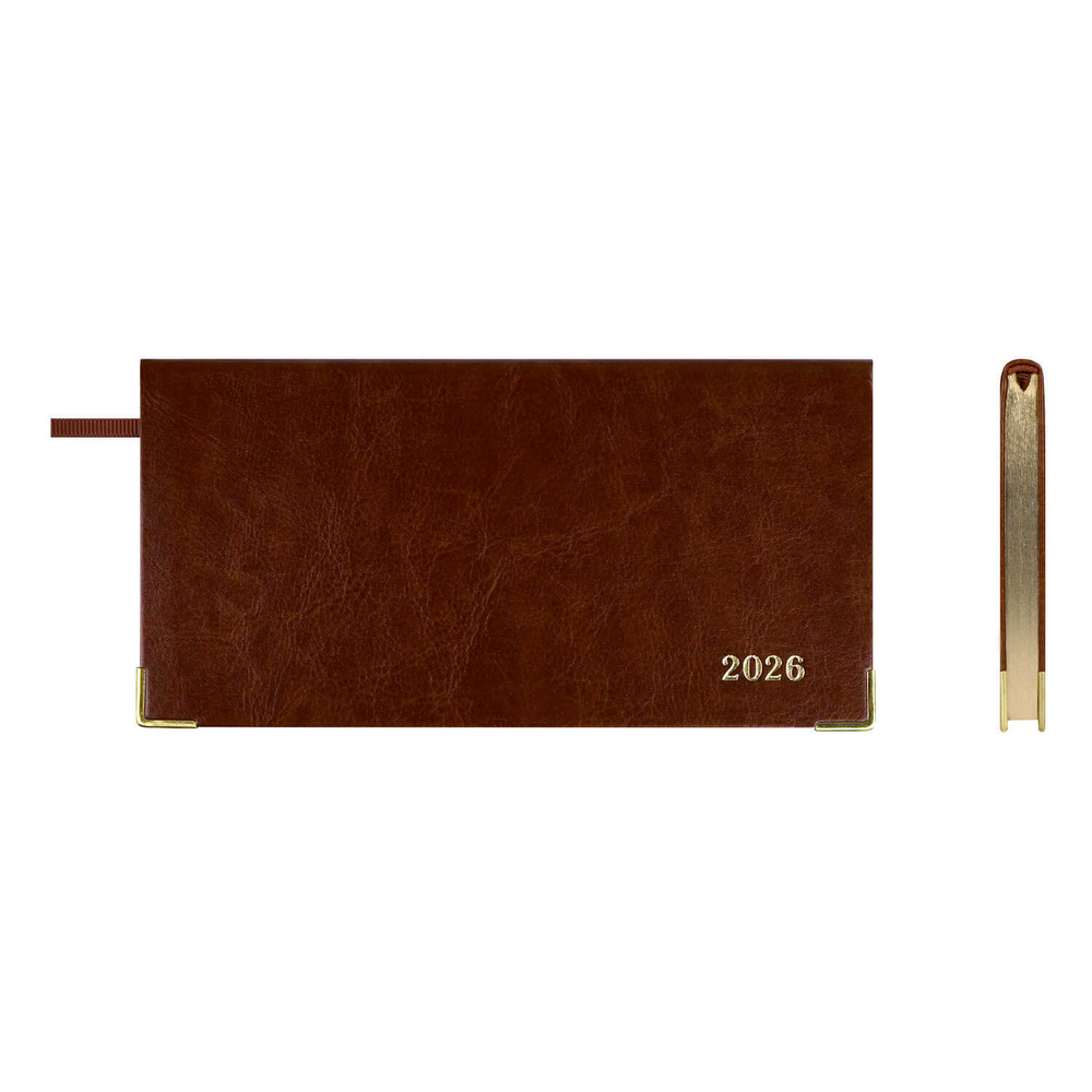 Еженедельник датированный 2026 ESCALADA, 170х88 мм, 64 л., арт. 70385/ 40 САРИФ КОРИЧНЕВЫЙ (кожзам: интегральный переплёт, материал обложки: искусственная кожа "Сариф"; декор: металлические уголки, тиснение фольгой; способ крепления блока: ниткошвейн