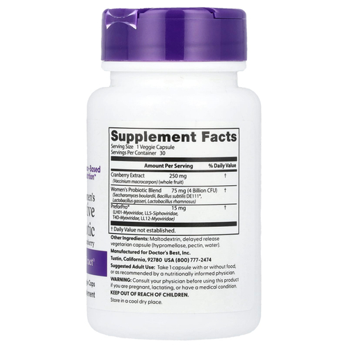 Doctor's Best, пребиотик с клюквой для пищеварения для женщин, 4 млрд КОЕ, 30 растительных капсул