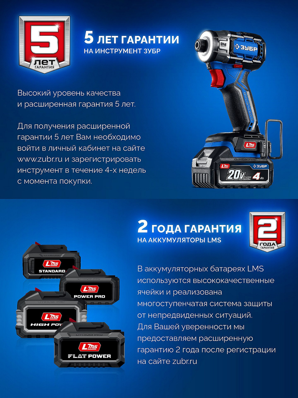 ЗУБР 20 В, 190 Н·м, 2 АКБ LMS (4 А·ч), бесщеточный ударный винтоверт, кейс, ПРОФЕССИОНАЛ (GVB-190-42)