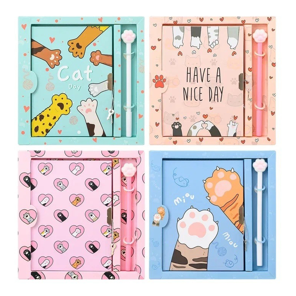 Блокнот детский Basir на замке, с ручкой, формат А6, серия "Лапки", яркая обложка, 48 листов, размер 18*13 см