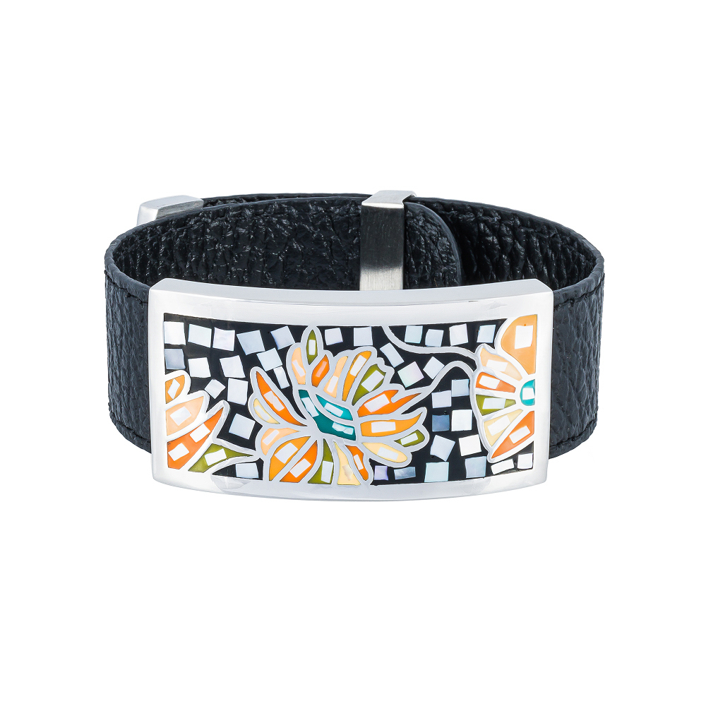 Браслет Fiore Luna на черном кожаном ремешке CB13598-1A