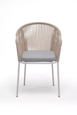 "Лион" стул плетеный из роупа, каркас из стали светло-серый (RAL7035) муар, роуп бежевый круглый, ткань светло-серая
