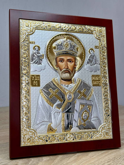 Николай Чудотворец, икона прямоугольная с рамкой, красное дерево 185х235