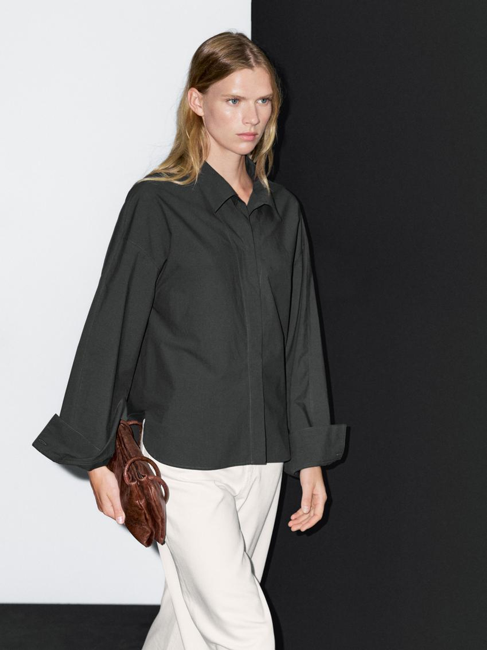 Massimo Dutti Рубашка свободного кроя из 100% хлопкового поплина, серый