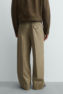 ZARA БРЮКИ WIDE-FIT СО СКЛАДКАМИ, БЕЖЕВЫЙ