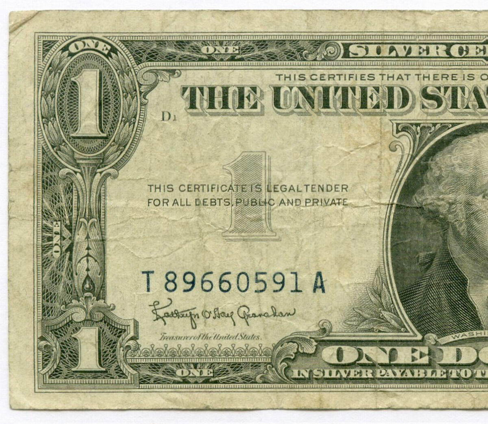Банкнота США 1 доллар (серебряный сертификат) 1957B T 89660591 A. F