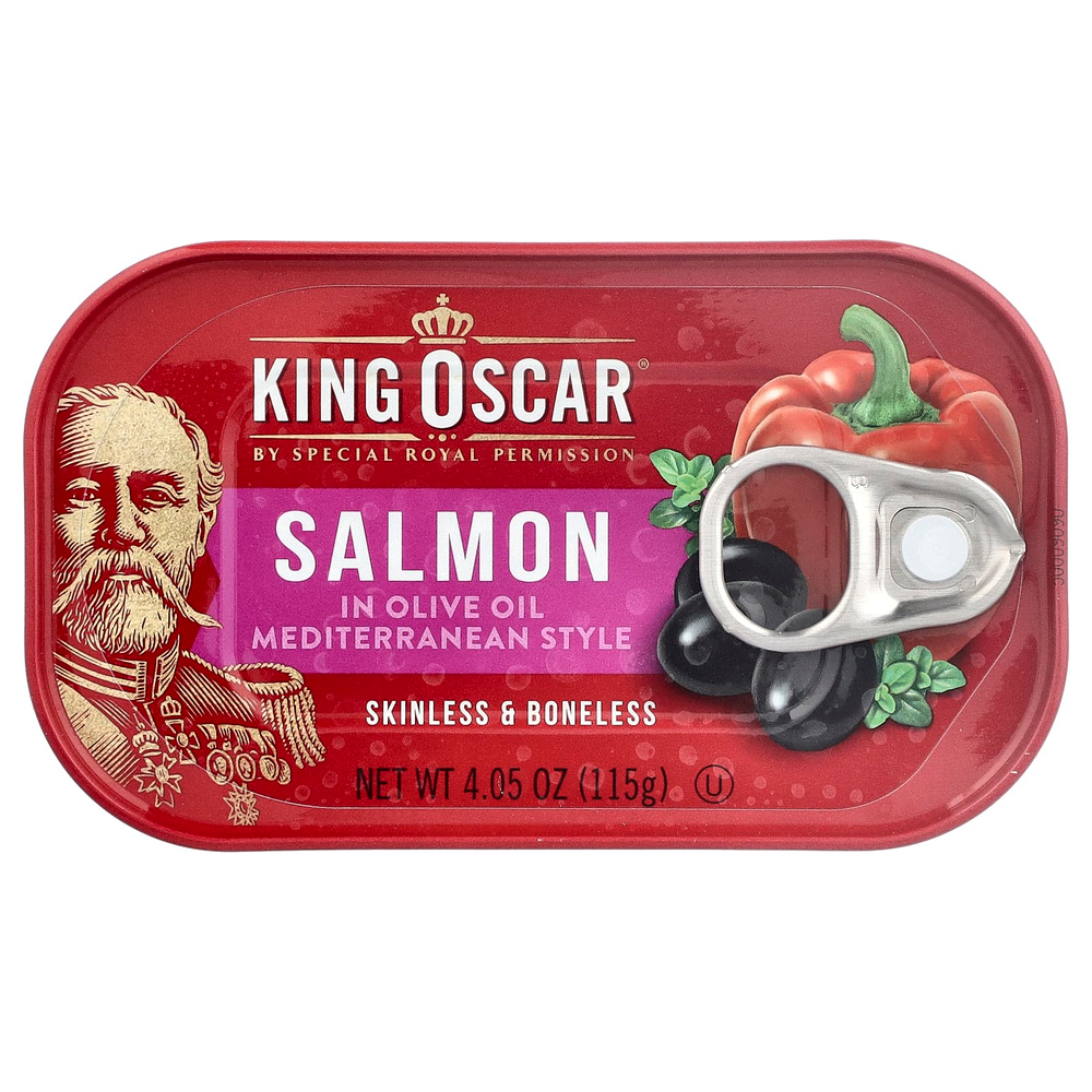 King Oscar, лосось без кожи и костей, в оливковом масле, средиземноморский вкус, 115 г (4,05 унции)