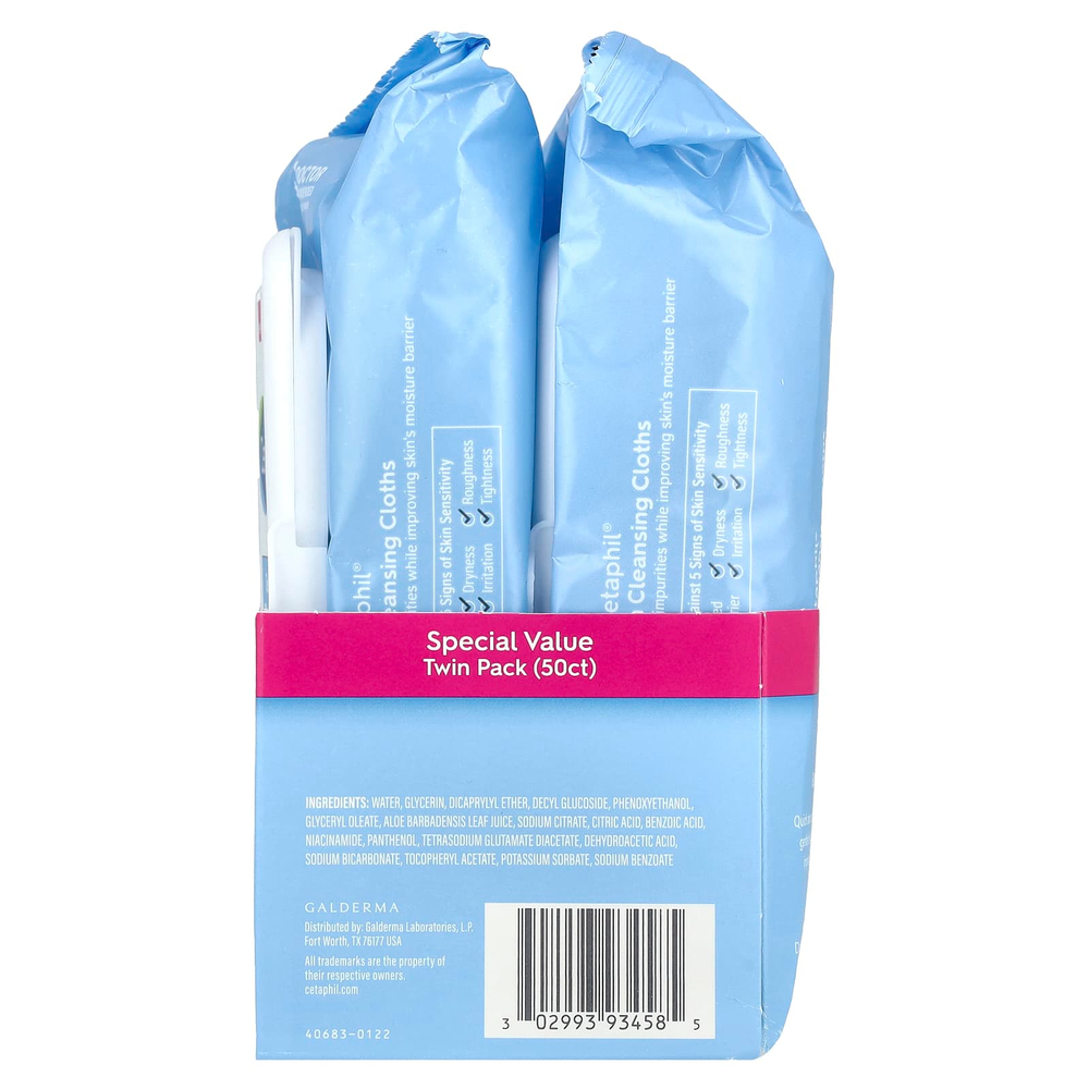 Cetaphil, Деликатные салфетки для очищения кожи, без отдушек, 2 упаковки, по 25 предварительно увлажненных салфеток