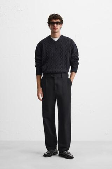 ZARA ШЕРСТЯНОЙ СВИТЕР С УЗОРОМ «КОСЫ», МОРСКОЙ СИНИЙ