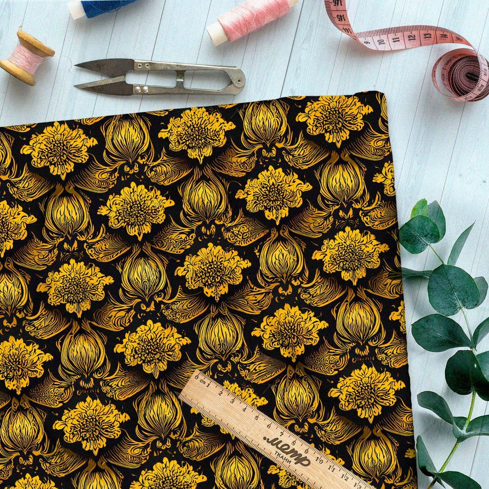 Ткань габардин  золотые вензеля орнамент