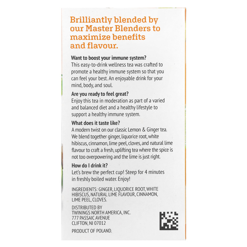 Twinings, Support, травяной чай из белого гибискуса, лайм и имбирь, без кофеина, 18 чайных пакетиков, 27 г (0,95 унции)