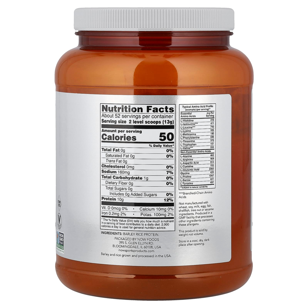 NOW Foods, Sports, протеиновый порошок из ячменя и риса, без добавок, 680 г (1,5 фунта)