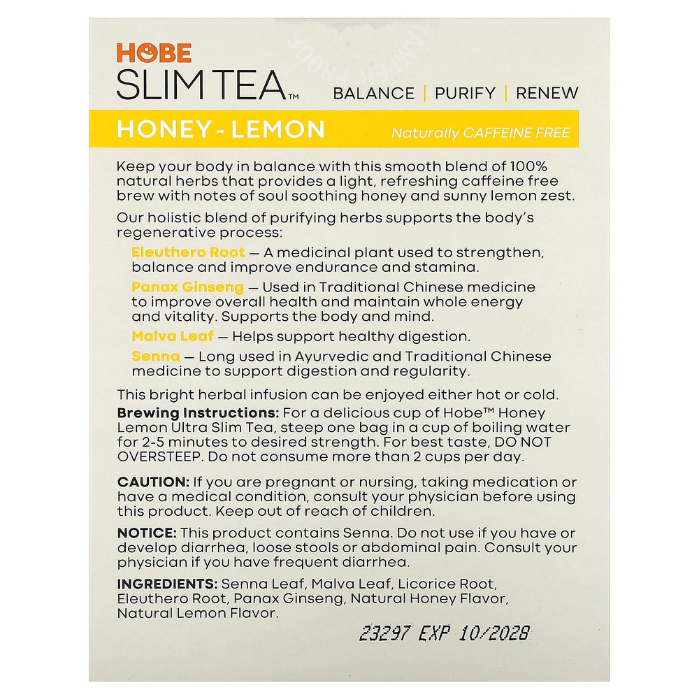 Hobe Labs, Ultra Slim Tea, мед и лимон, без кофеина, 24 травяных чайных пакетика, 48 г (1,69 унции)