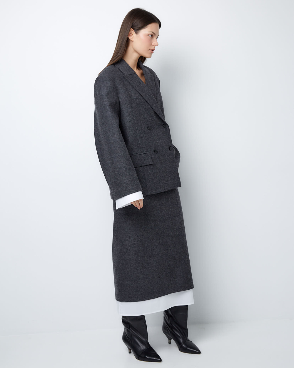 Жакет двубортный с дополнительными петлями из тонкой шерсти елочка серый