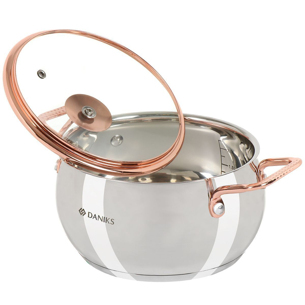 Кастрюля нерж, 2.5 л, крышка стекло, Daniks, Карлин, GS-01332G-18, индукц