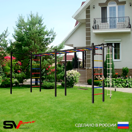 Уличная шведская стенка Sv Sport рукоход х 2 с комплектом турник прямой У53022 (Турник/Деревянные/Канат/кольца/лестница)