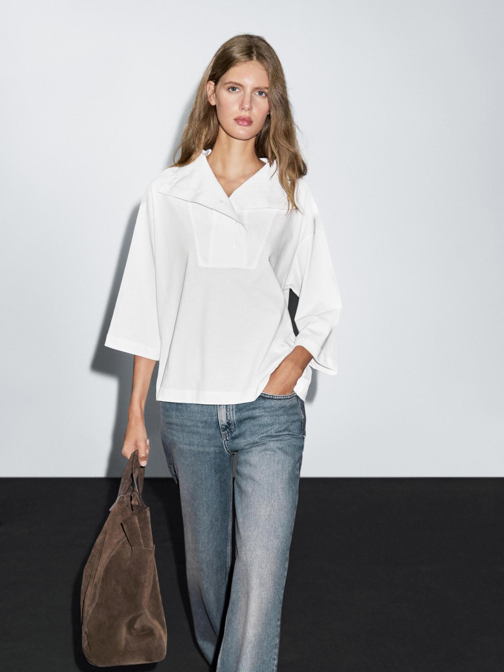 Massimo Dutti Футболка с воротником, натуральный, кремовый