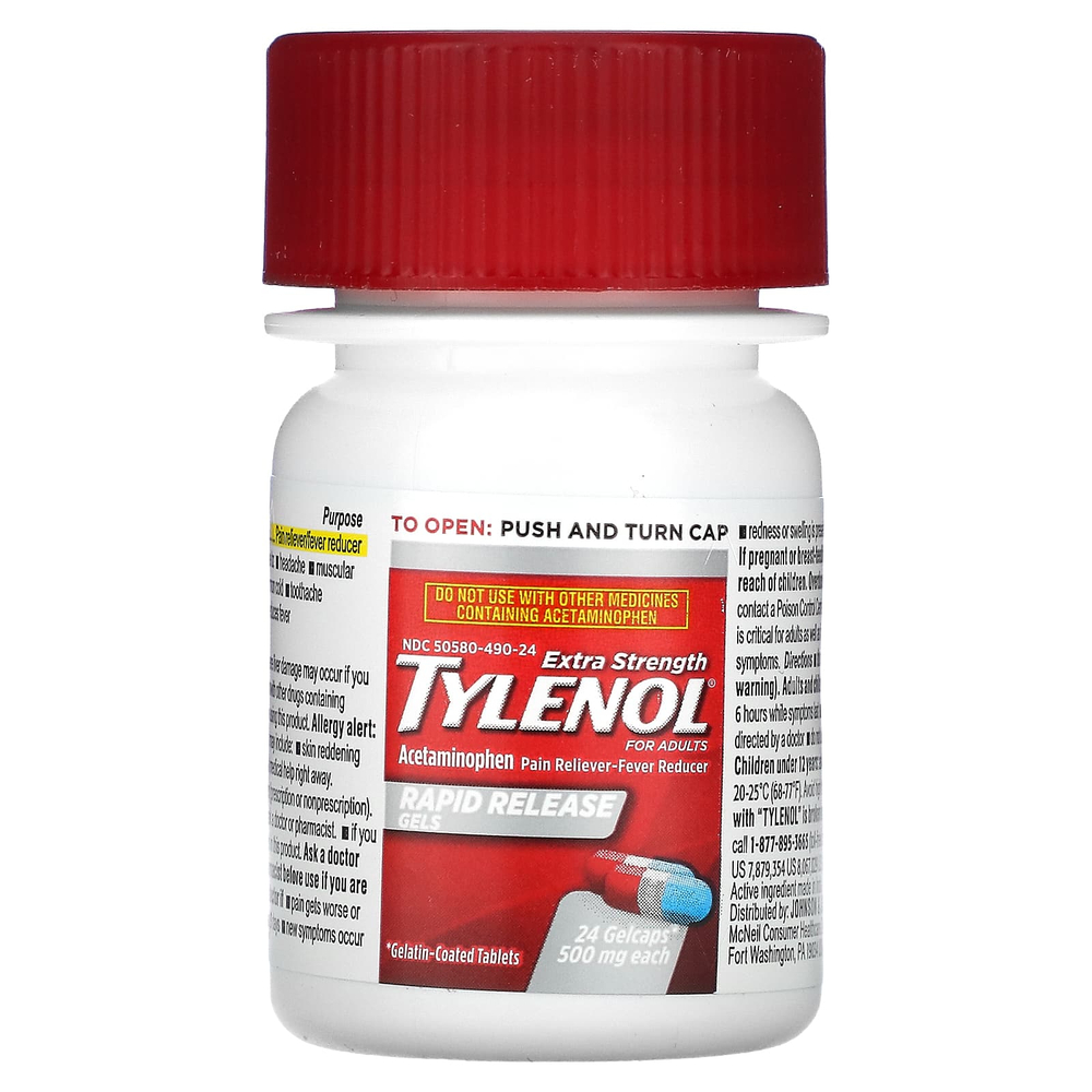 Tylenol, Гели с быстрым высвобождением, ацетаминофен повышенной силы для взрослых, 500 мг, 24 капсулы