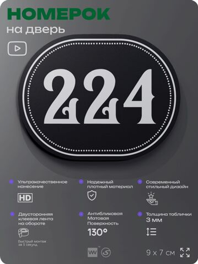 Номерок на дверь квартиры 224, для кабинета, офиса, шильдик 9 х 7 см, черный, Айдентика Технолоджи