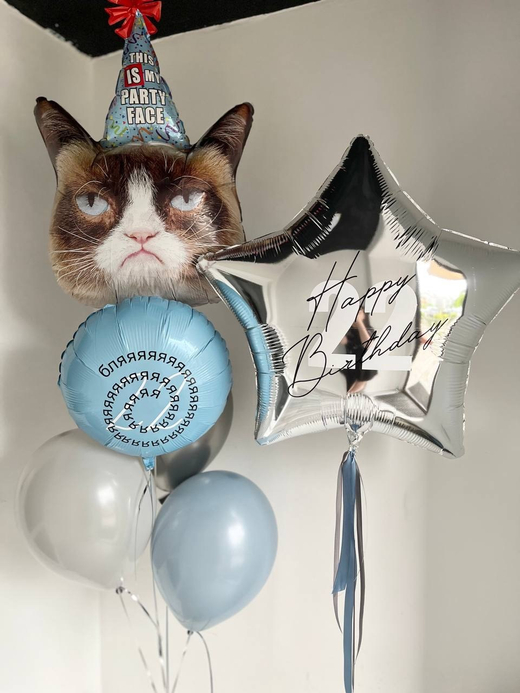 Воздушные шары сердитый кот голубой/серебро/белый №3337