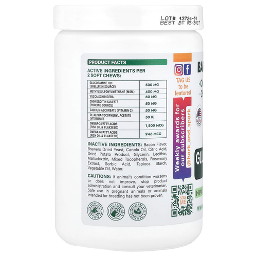 Bark&Spark, Жевательные таблетки с глюкозамином, для собак и кошек, с беконом, 180 жевательных таблеток, 432 г (15 унций)