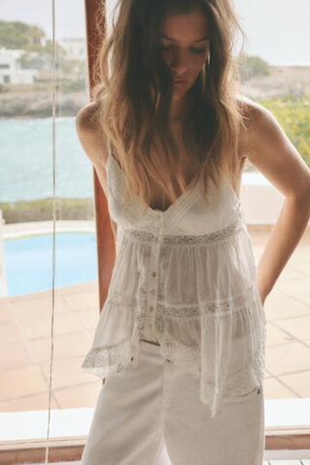 ZARA ТОП НА БРЕТЕЛЯХ С ВЫШИВКОЙ, БЕЛЫЙ