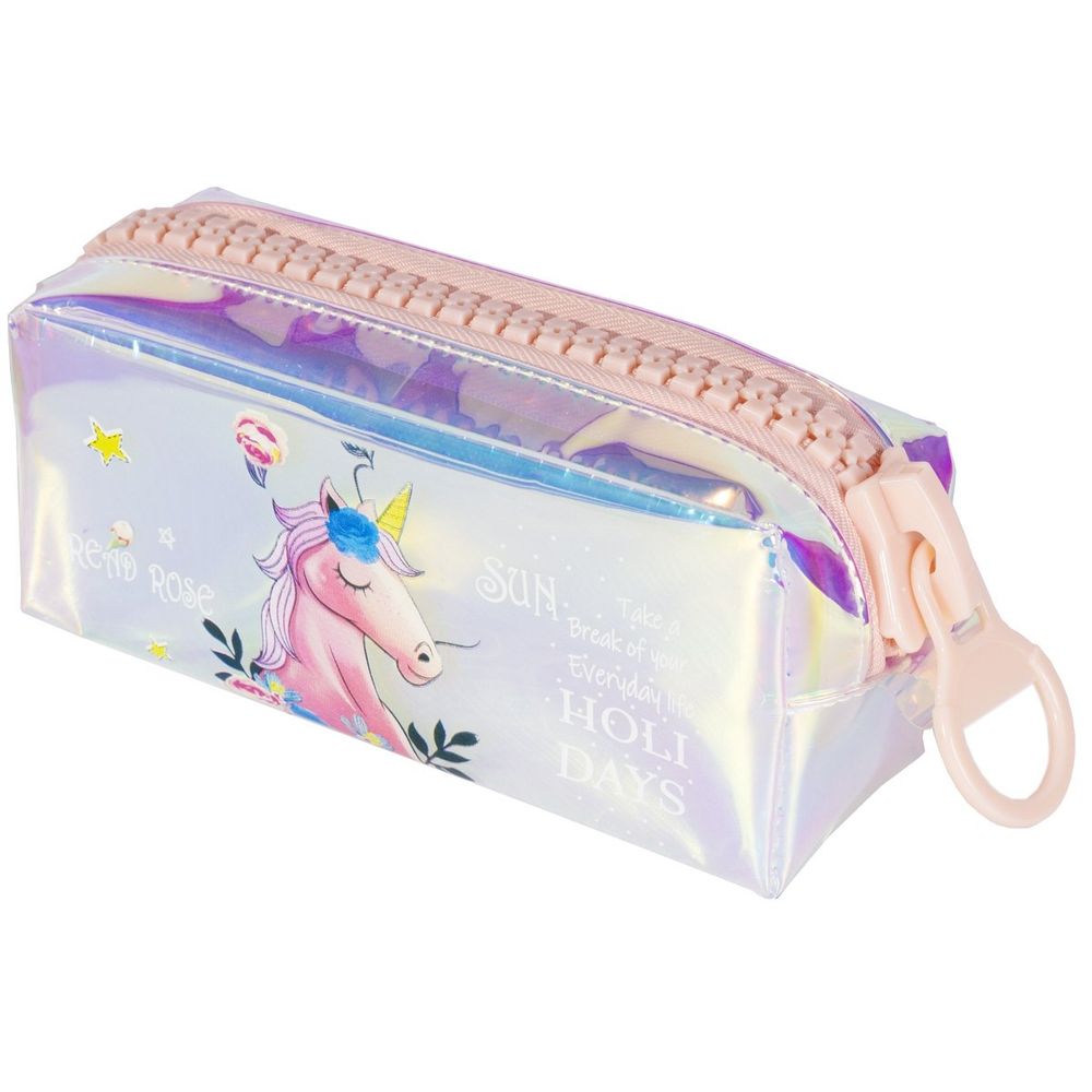 Пенал - косметичка Alingar, ПВХ-голографика, объемная светло-розовая молния, жидкость, 90 х 200 мм, "Голографика. Единорог"