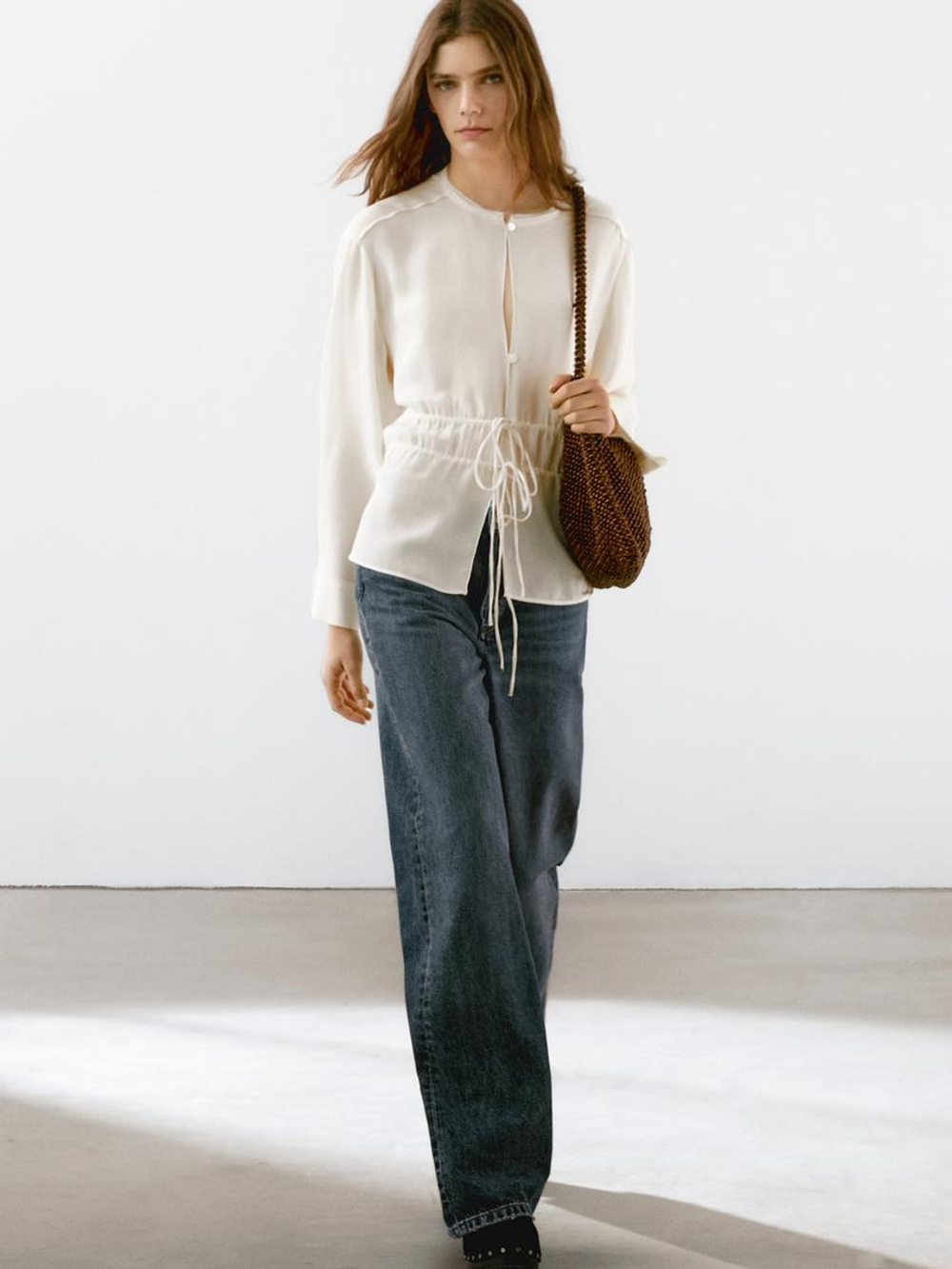 Massimo Dutti Рубашка из струящейся полупрозрачной ткани с завязками, натуральный, кремовый