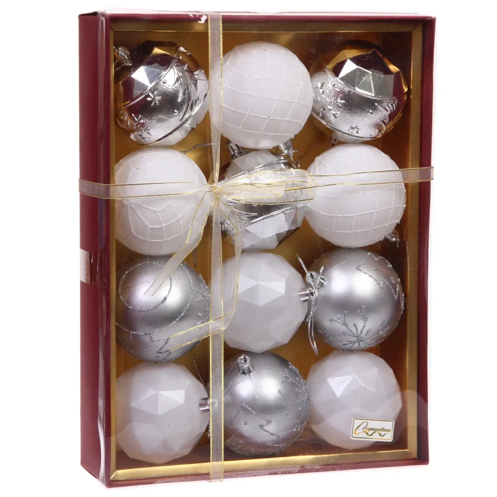 Новогодние шары «Волшебный вальс» 8 см (набор 12 шт), Серебро/Белый