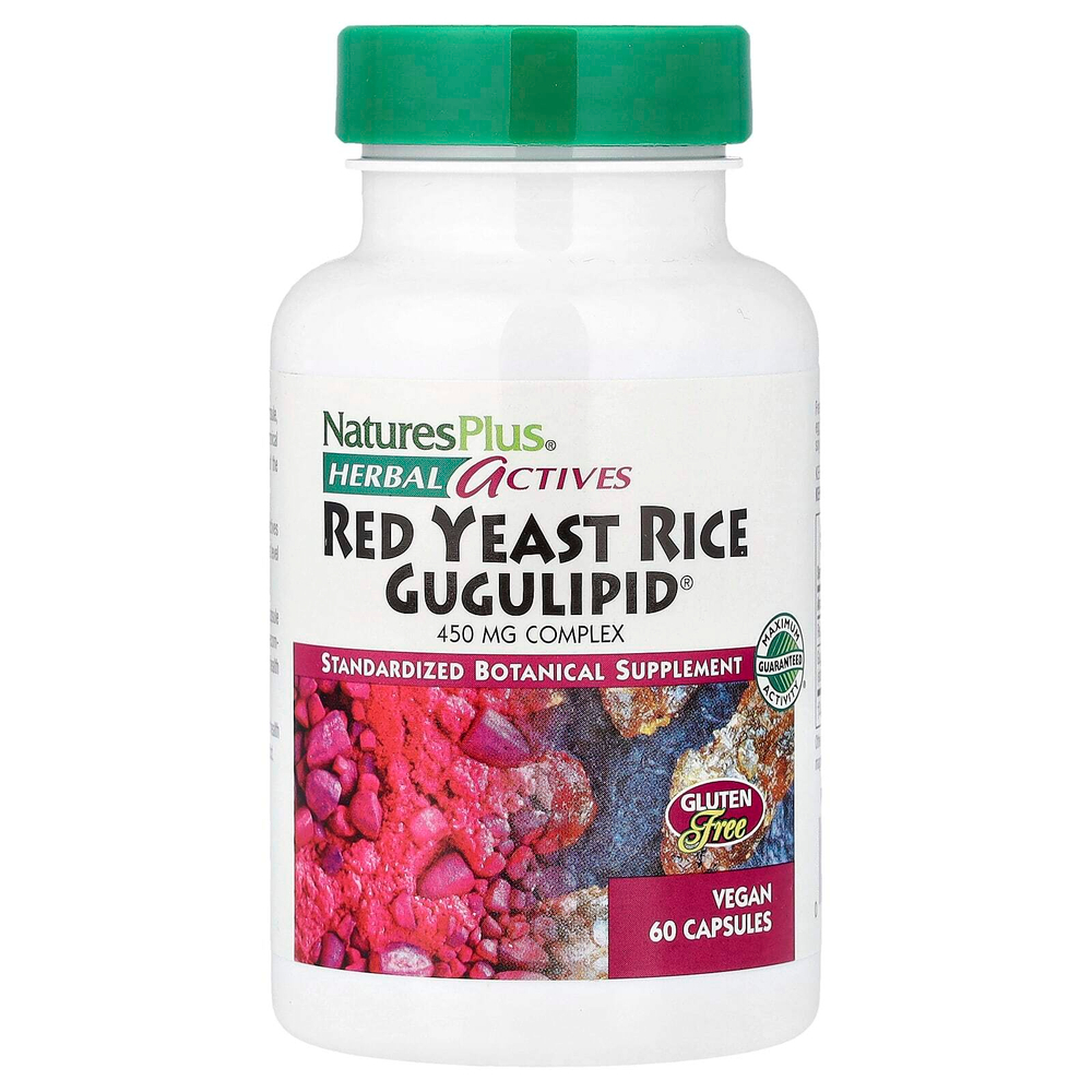 NaturesPlus, Herbal Actives, Gugulipid® из красного ферментированного риса, 60 веганских капсул